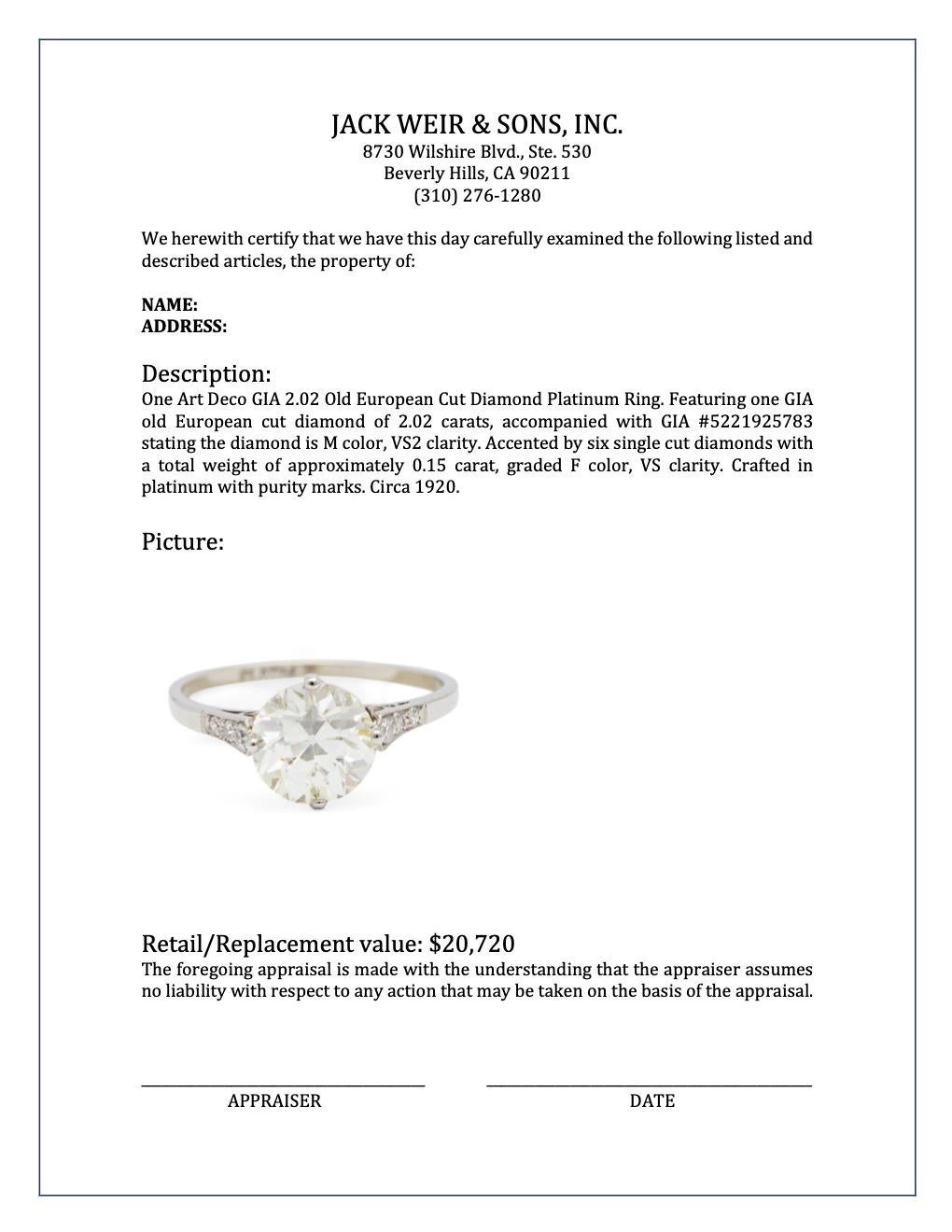 Art Deco GIA 2.02 Old European Cut Diamond Platinum Ring 2