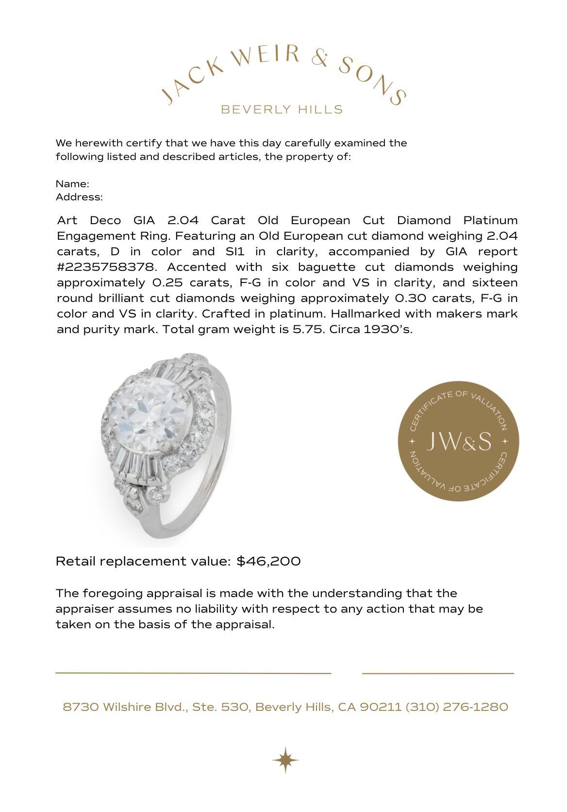 Anillo de compromiso de platino con diamante talla europea antigua Art Déco GIA de 2.04 quilates en venta 2