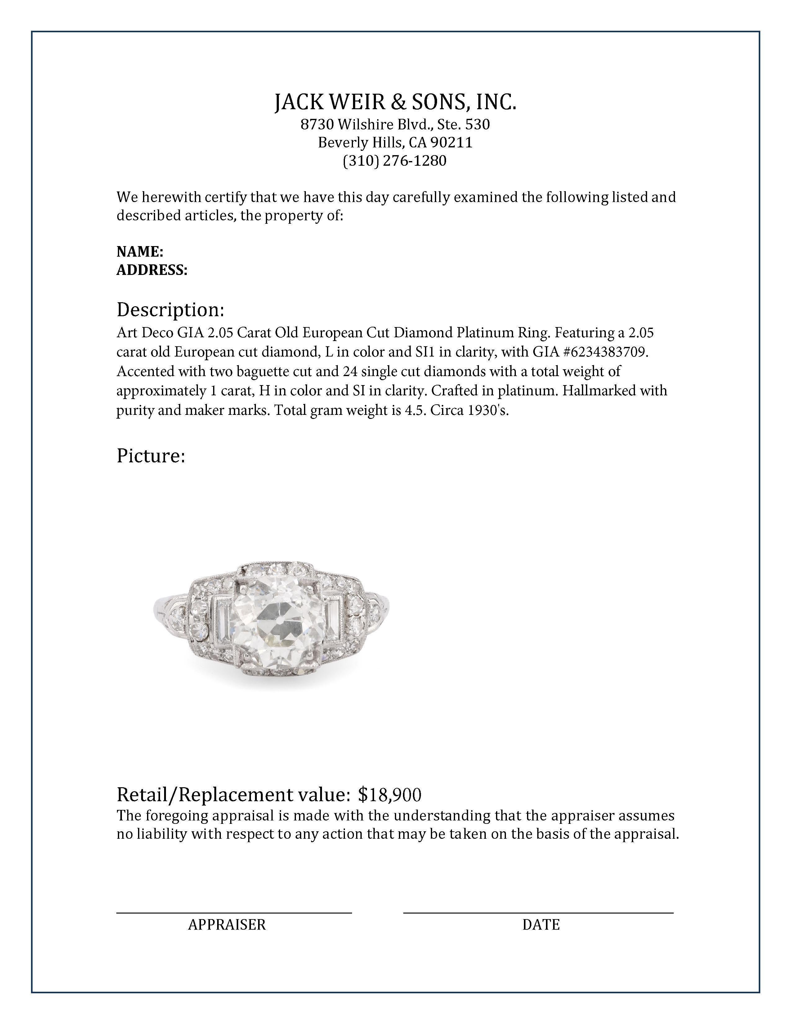 Platinring mit GIA 2.05 Karat Diamant im alteuropäischen Schliff im Art déco-Stil für Damen oder Herren im Angebot