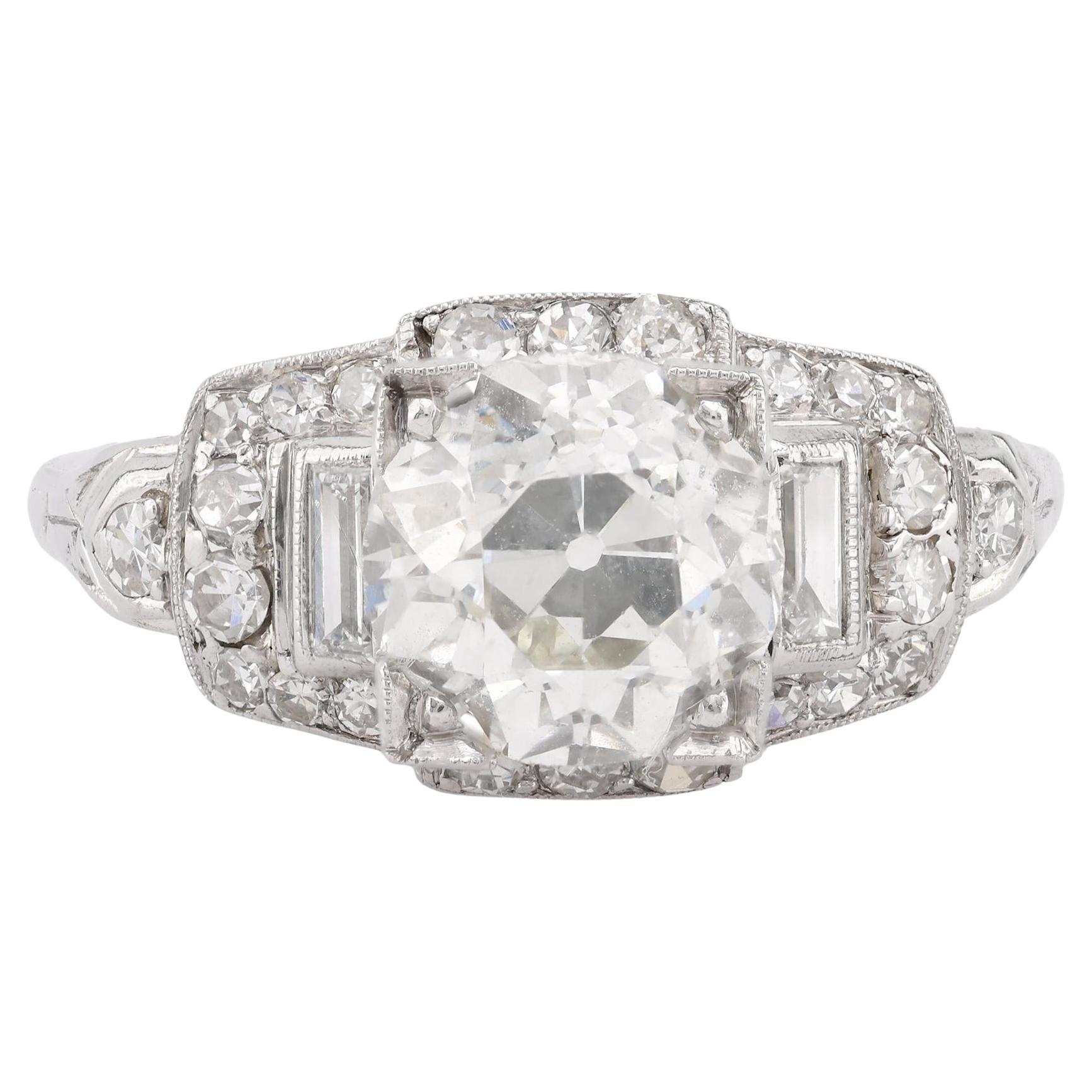 Anello in platino con diamante vecchio taglio europeo Art Deco GIA da 2.05 carati