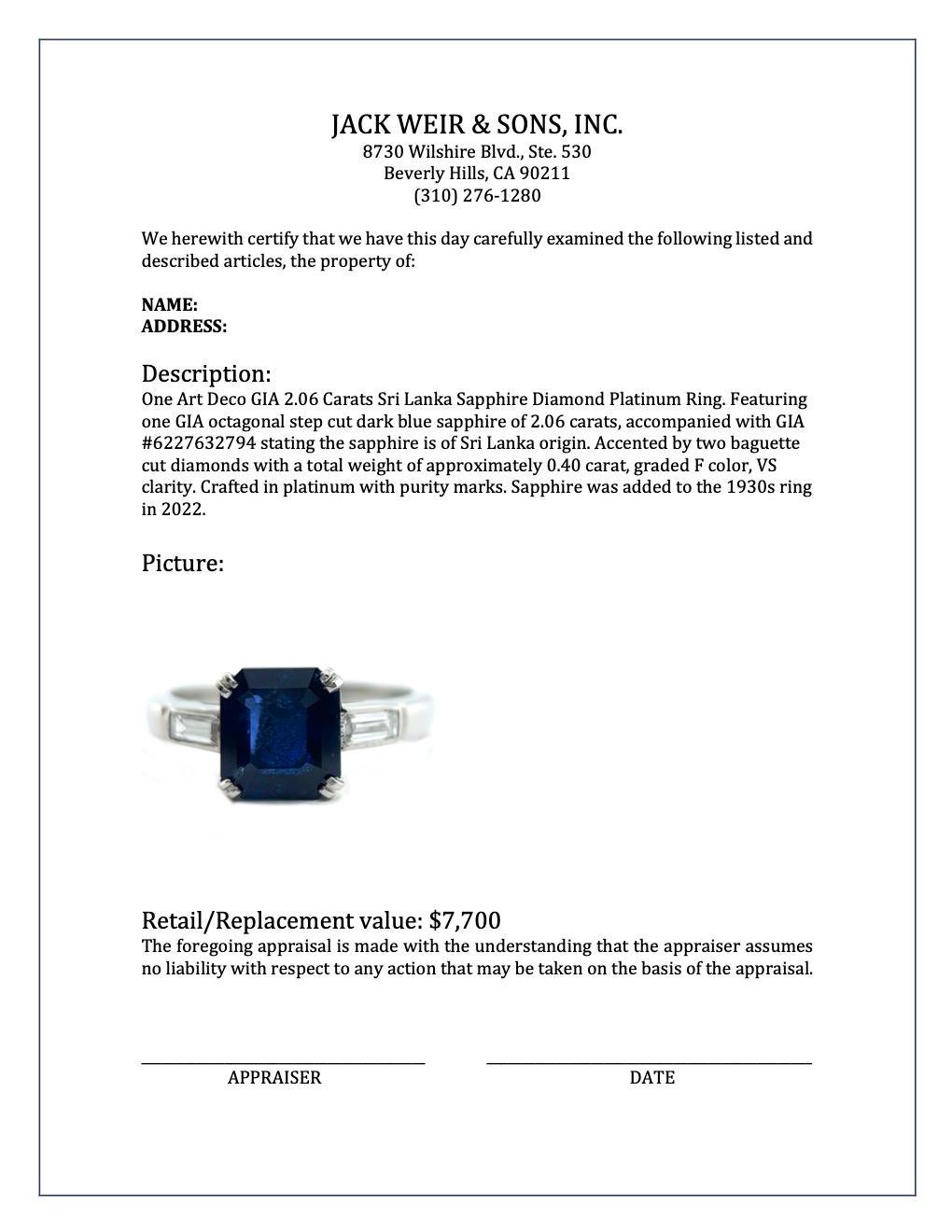 Art Deco GIA 2.06 Carats Sri Lanka Sapphire Diamond Platinum Ring 3