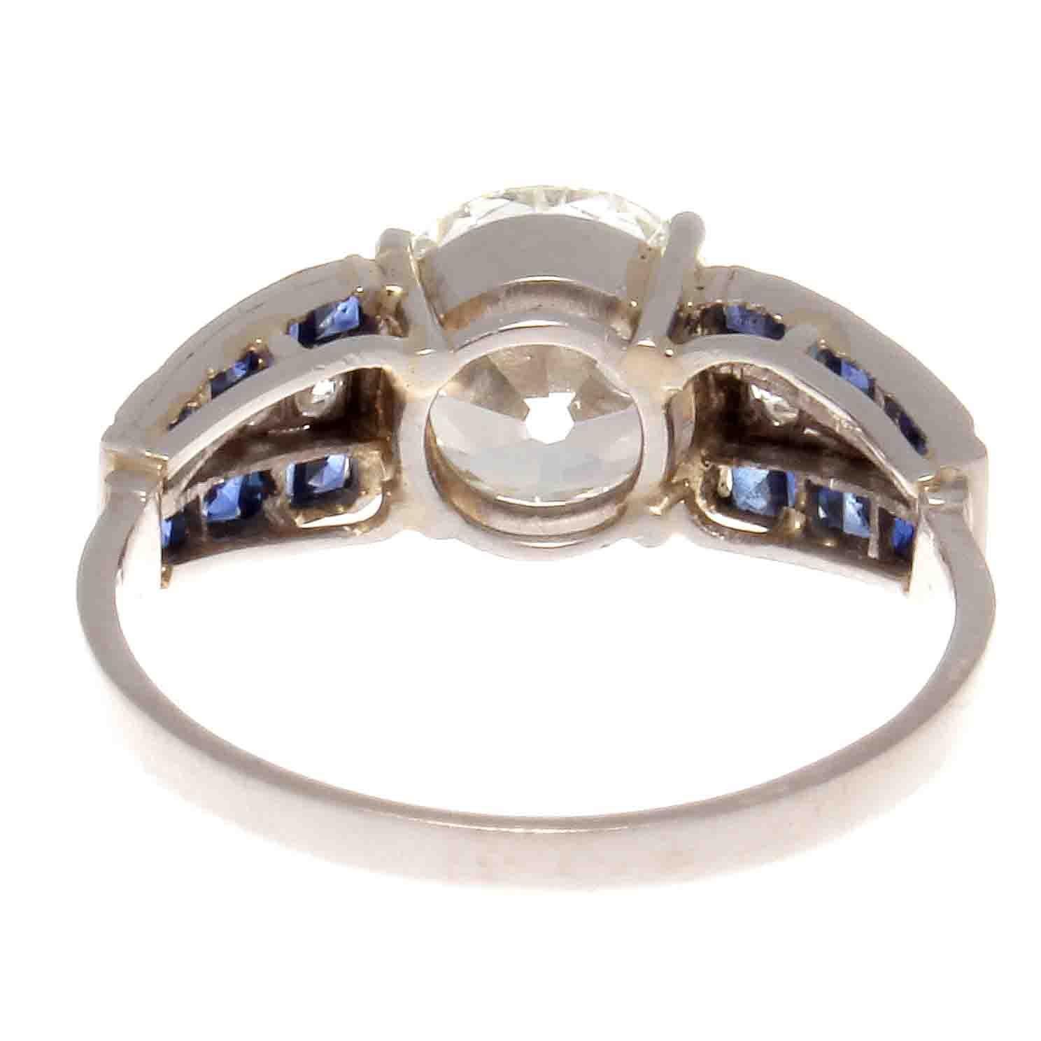 Art Deco GIA 2.06 J VS2 Old European Cut Diamond Sapphire Platinum Ring In Excellent Condition In Beverly Hills, CA
