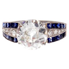 Art Deco GIA 2.06 J VS2 Old European Cut Diamond Sapphire Platinum Ring