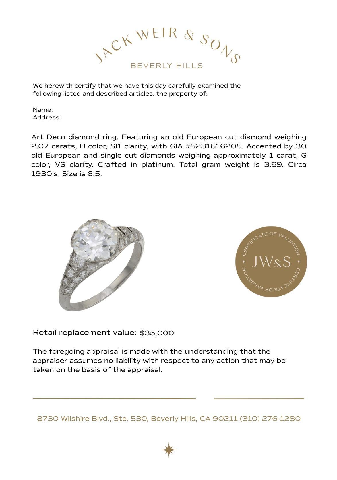 Donna Anello di fidanzamento in platino con diamante vecchio taglio europeo Art Deco GIA da 2.07 carati in vendita