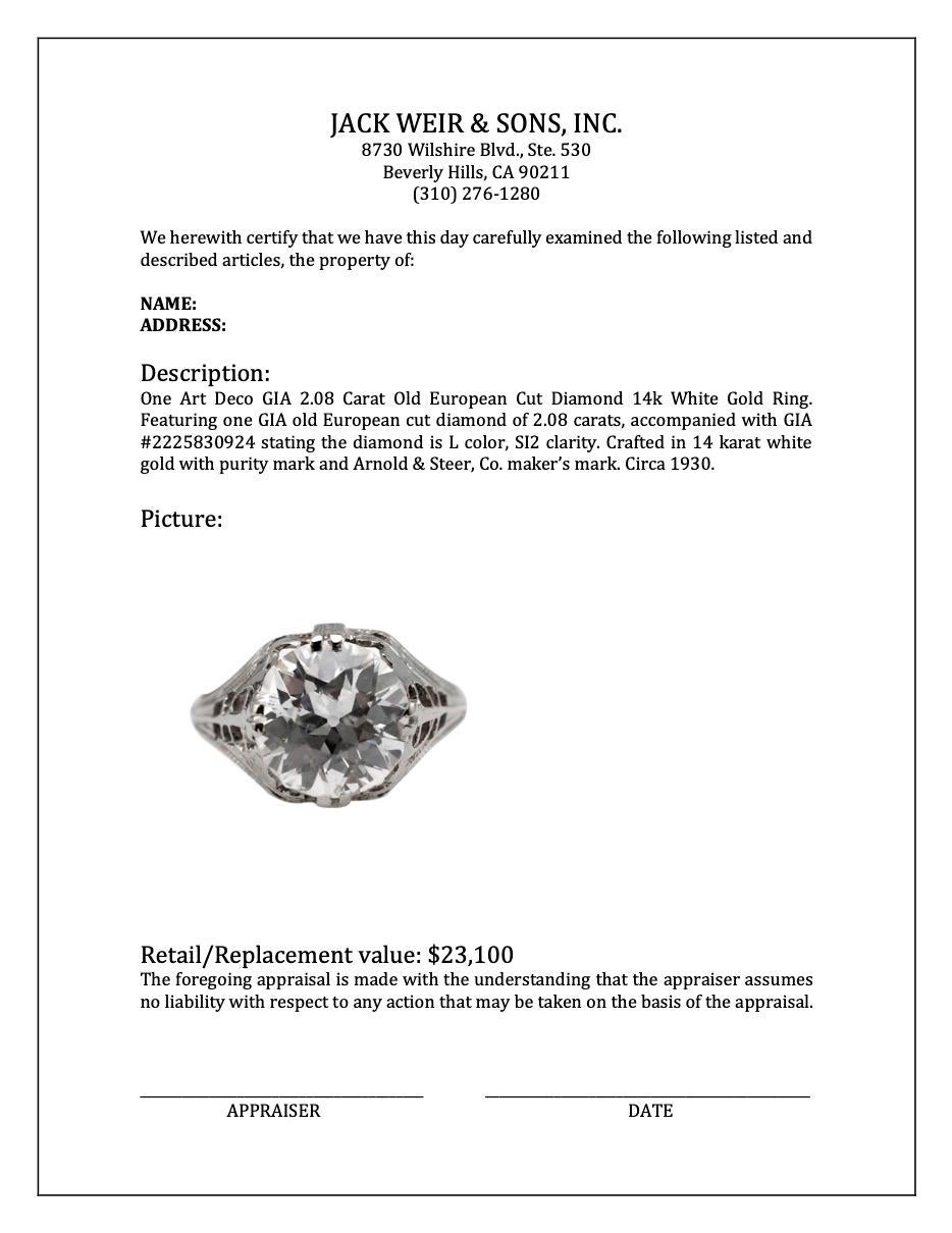 Art Deco GIA 2.08 Carat Old European Cut Diamond 14k White Gold Ring For Sale 4