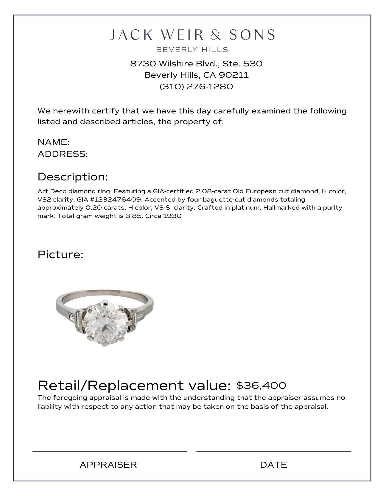 Art Deco GIA 2.08 carat old European cut diamond platinum engagement ring For Sale 1