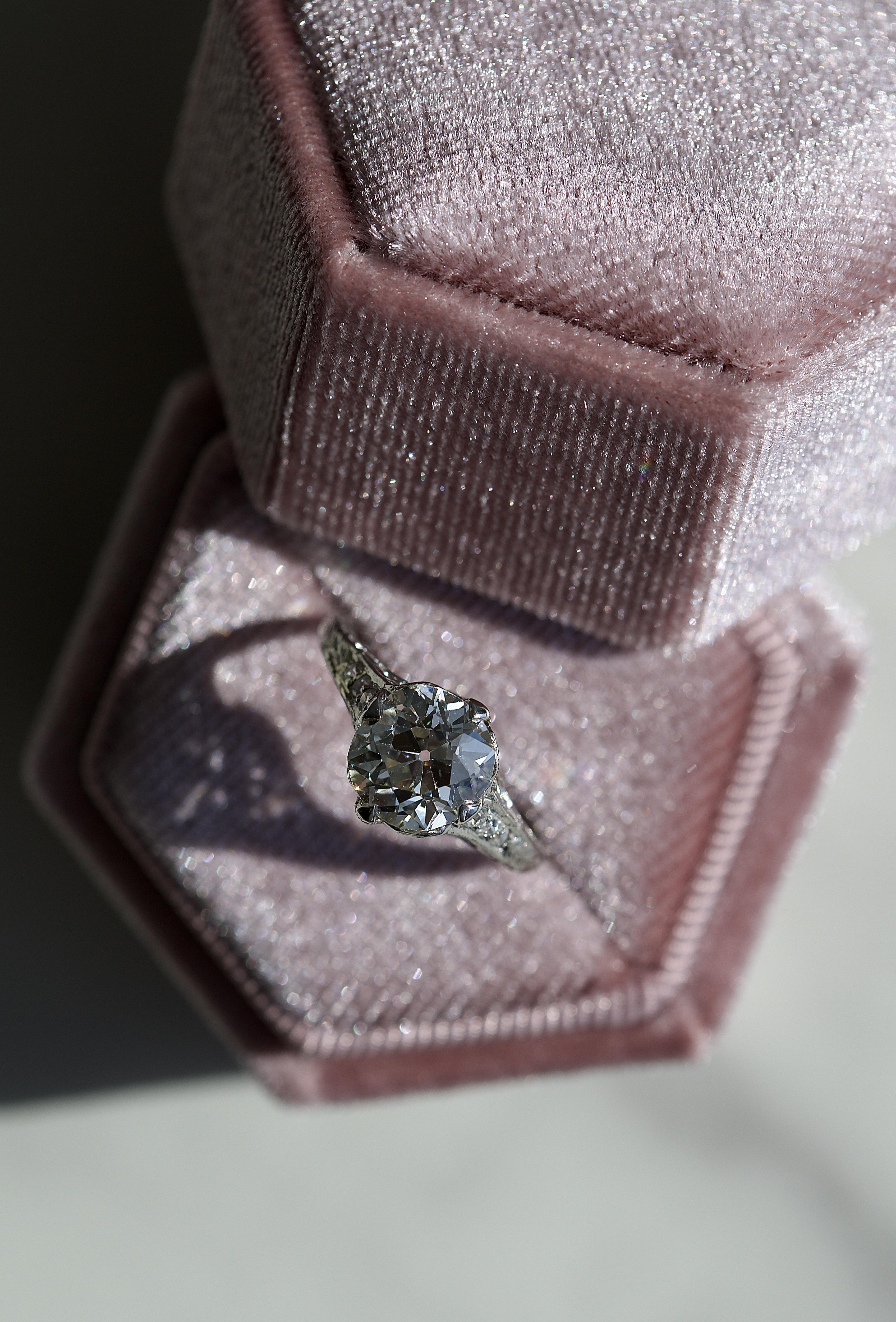 Women's or Men's Art Deco GIA 2.08 Old Mine Cut Diamond Platinum Engagement Ring For Sale
