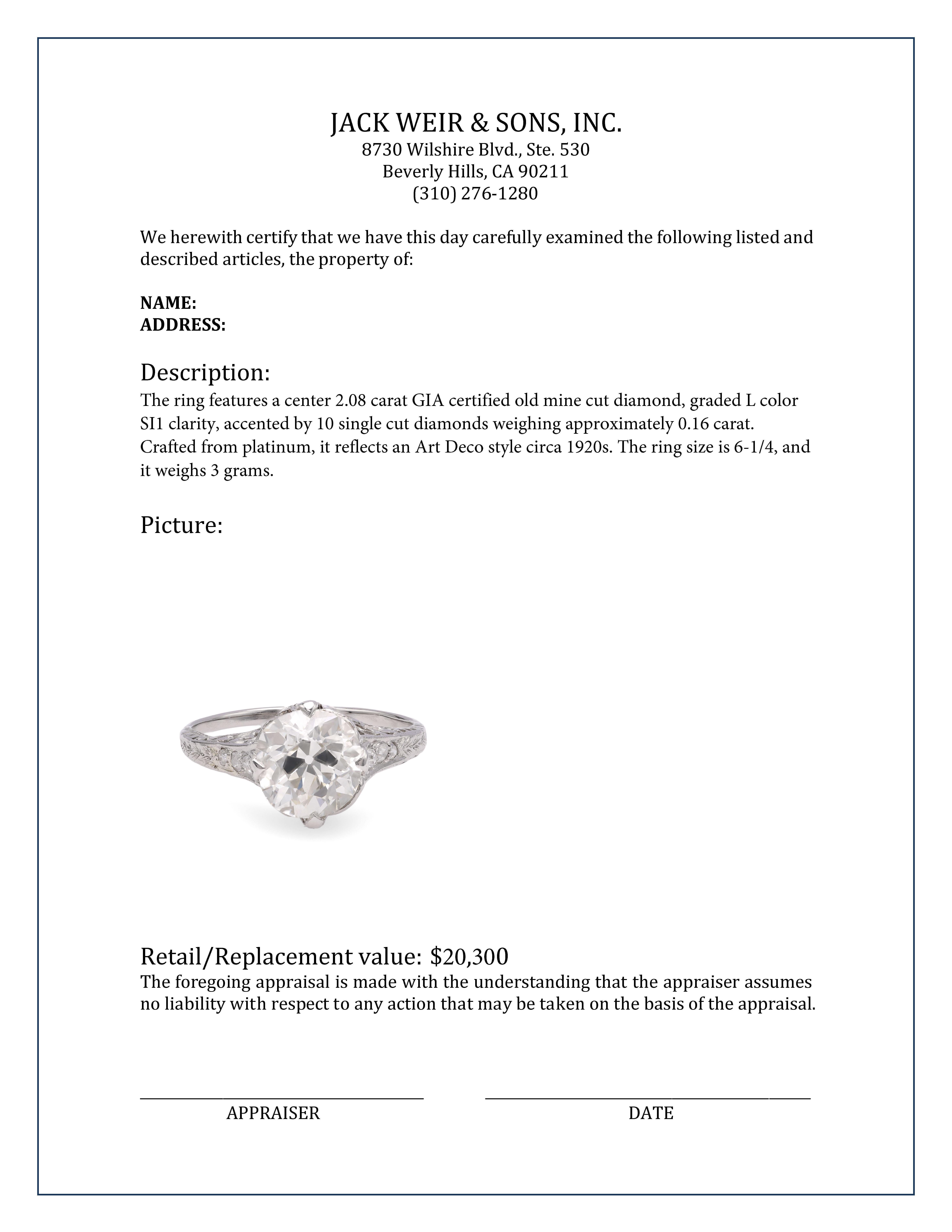 Art Deco GIA 2.08 Old Mine Cut Diamond Platinum Engagement Ring For Sale 2