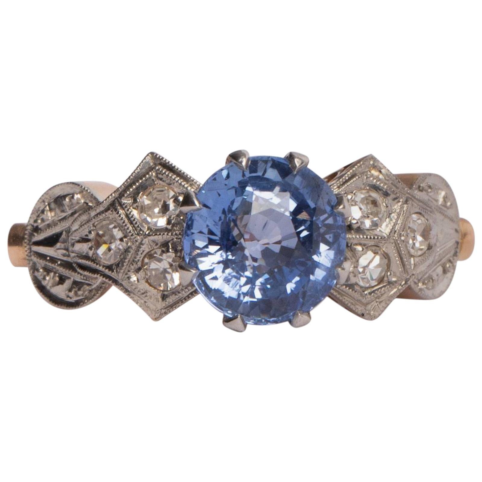 Art Deco GIA 2.09 Carat No-Heat Blue Sapphire 18 Karat Rose Gold Ring