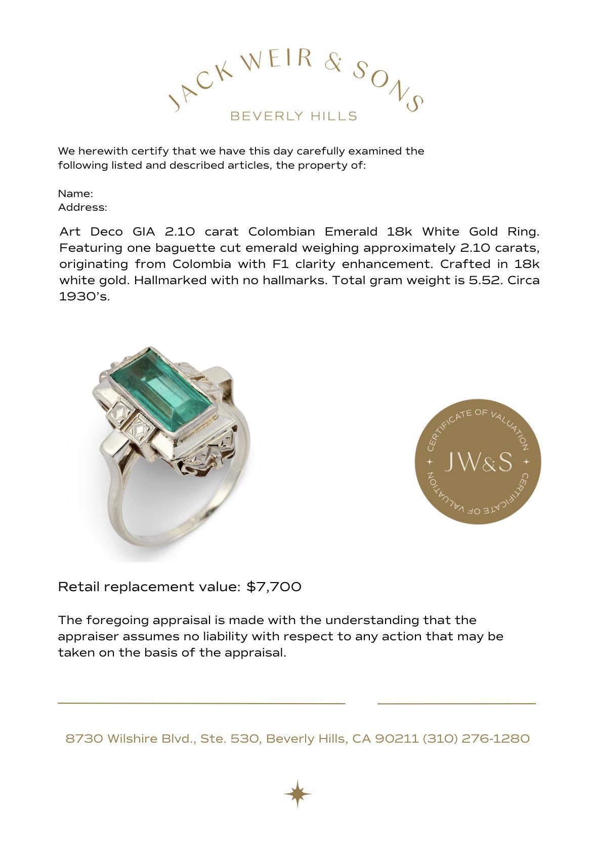 Bague Art Déco GIA 2.10 carats émeraude colombienne or blanc 18k en vente 1