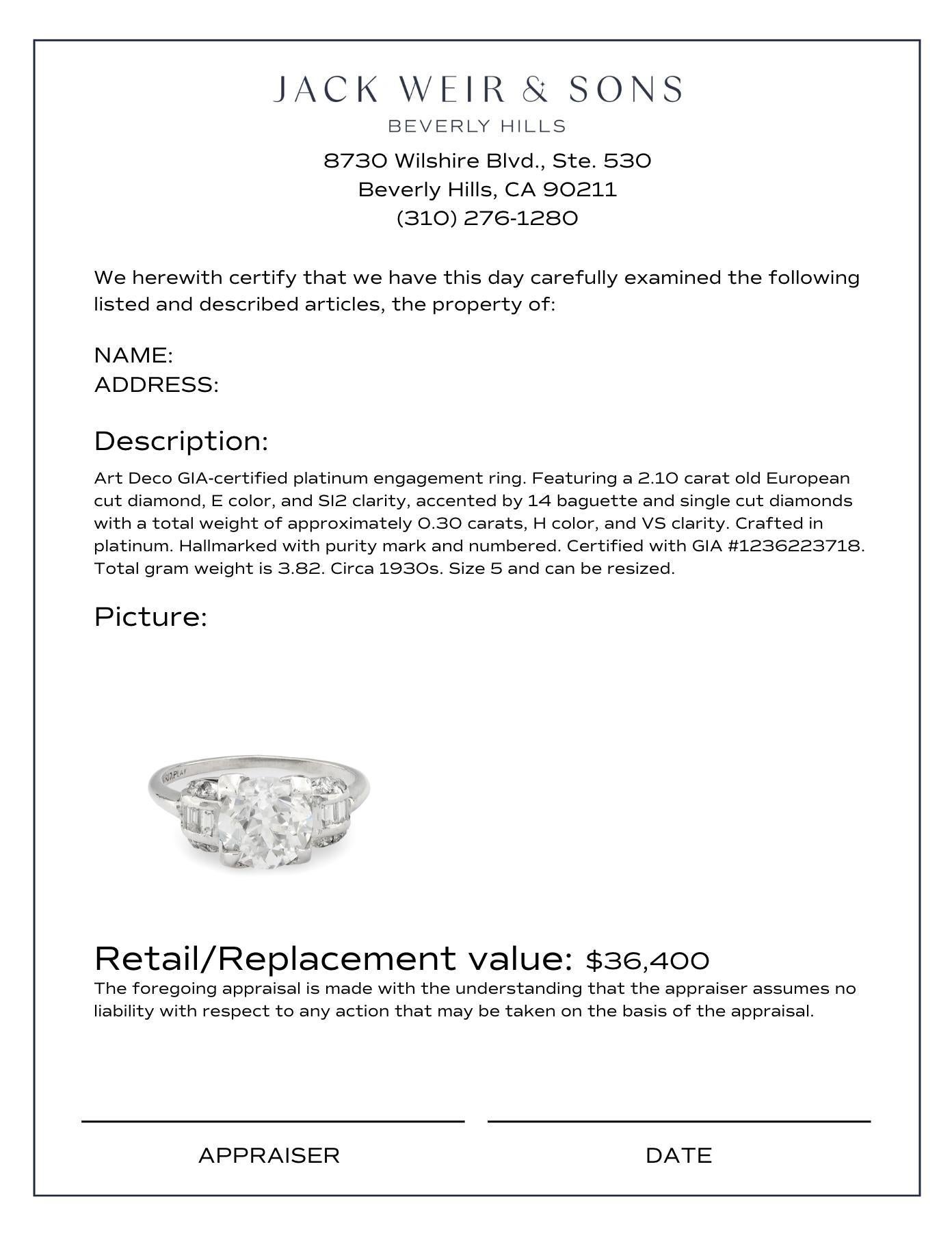  Bague de fiançailles Art déco en platine avec diamant taille européenne ancienne de 2,10 carats certifié GIA Unisexe 