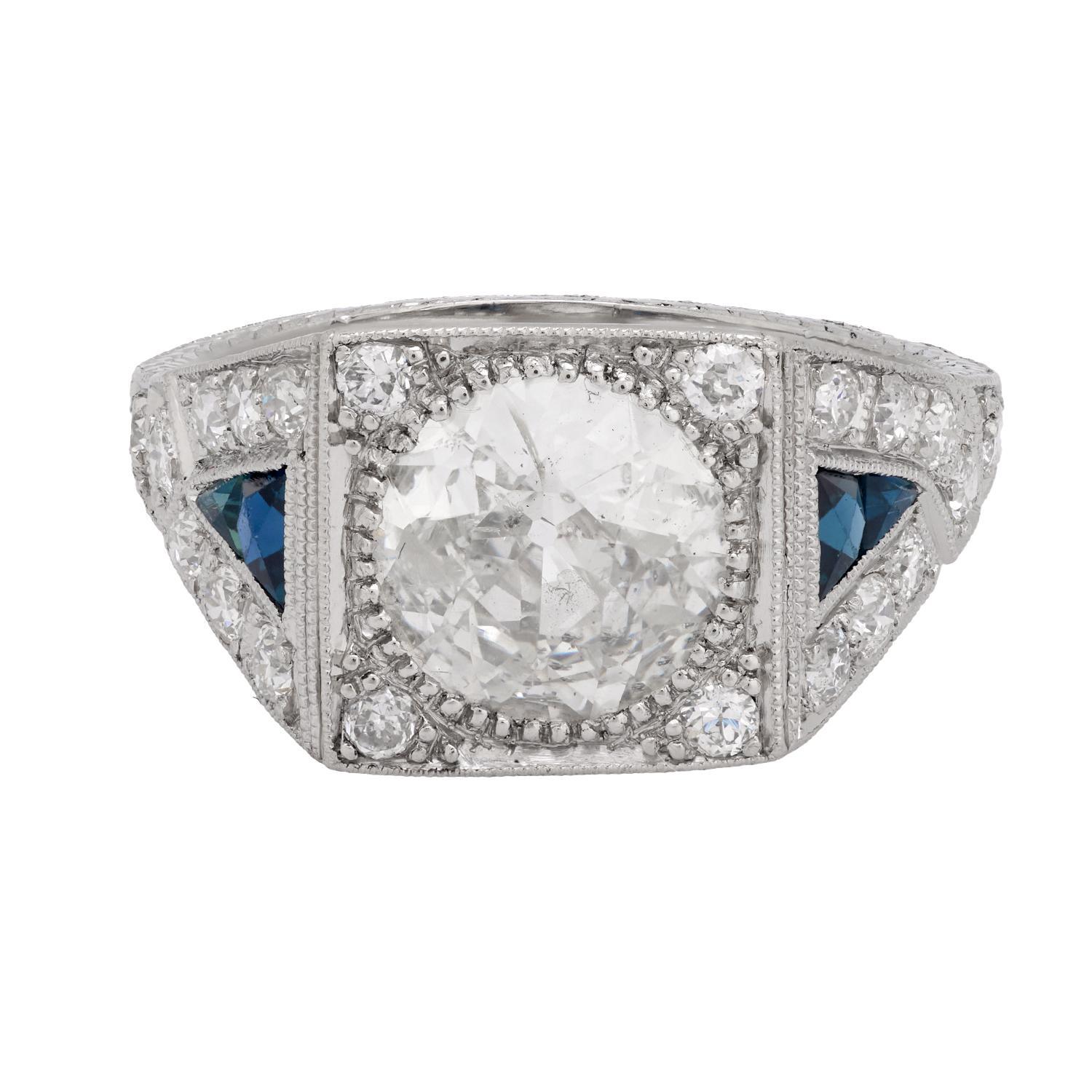 Art Deco GIA 2.11 Karat Diamant Saphir Platin Verlobungsring (Art déco) im Angebot