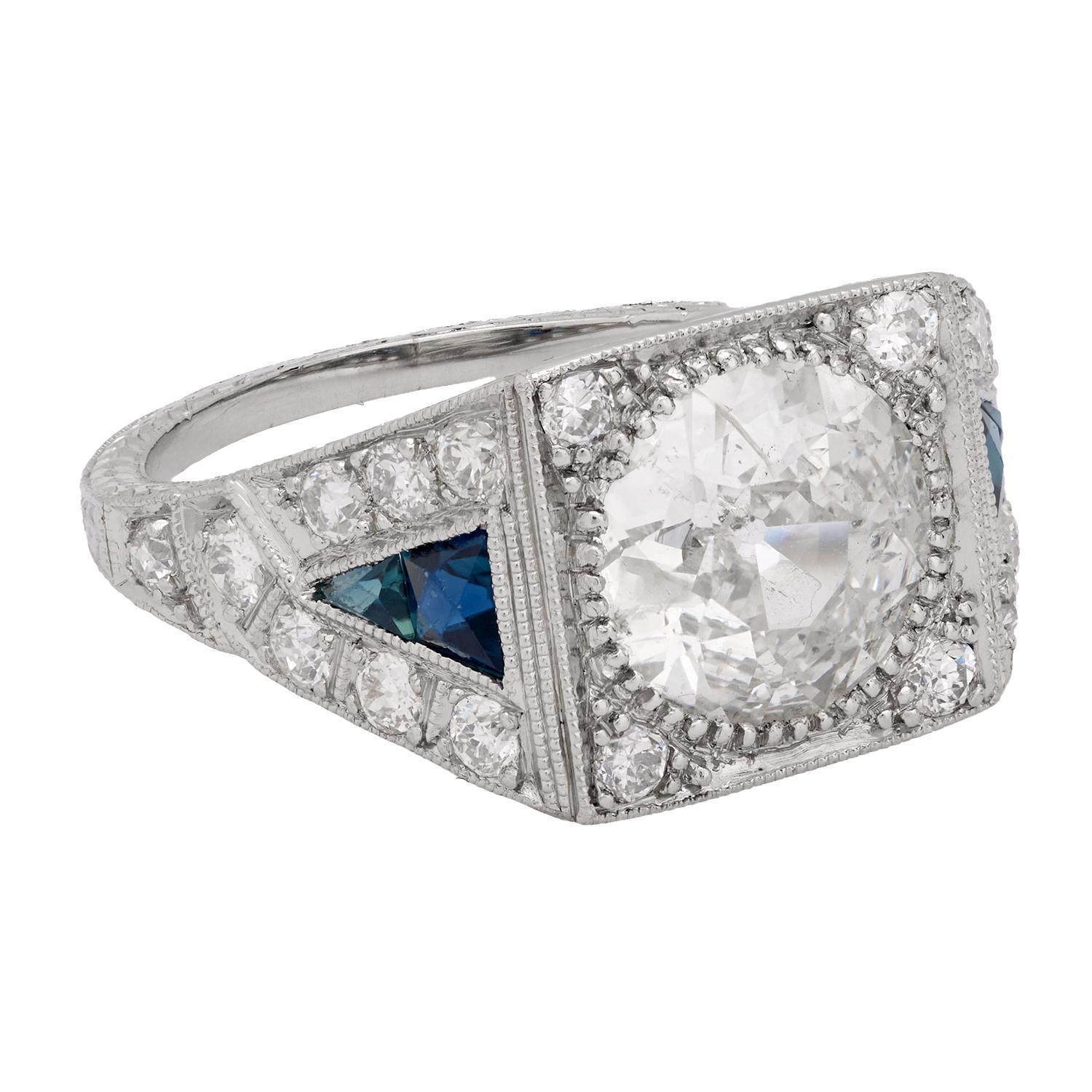 Art Deco GIA 2.11 Karat Diamant Saphir Platin Verlobungsring im Zustand „Gut“ im Angebot in Beverly Hills, CA
