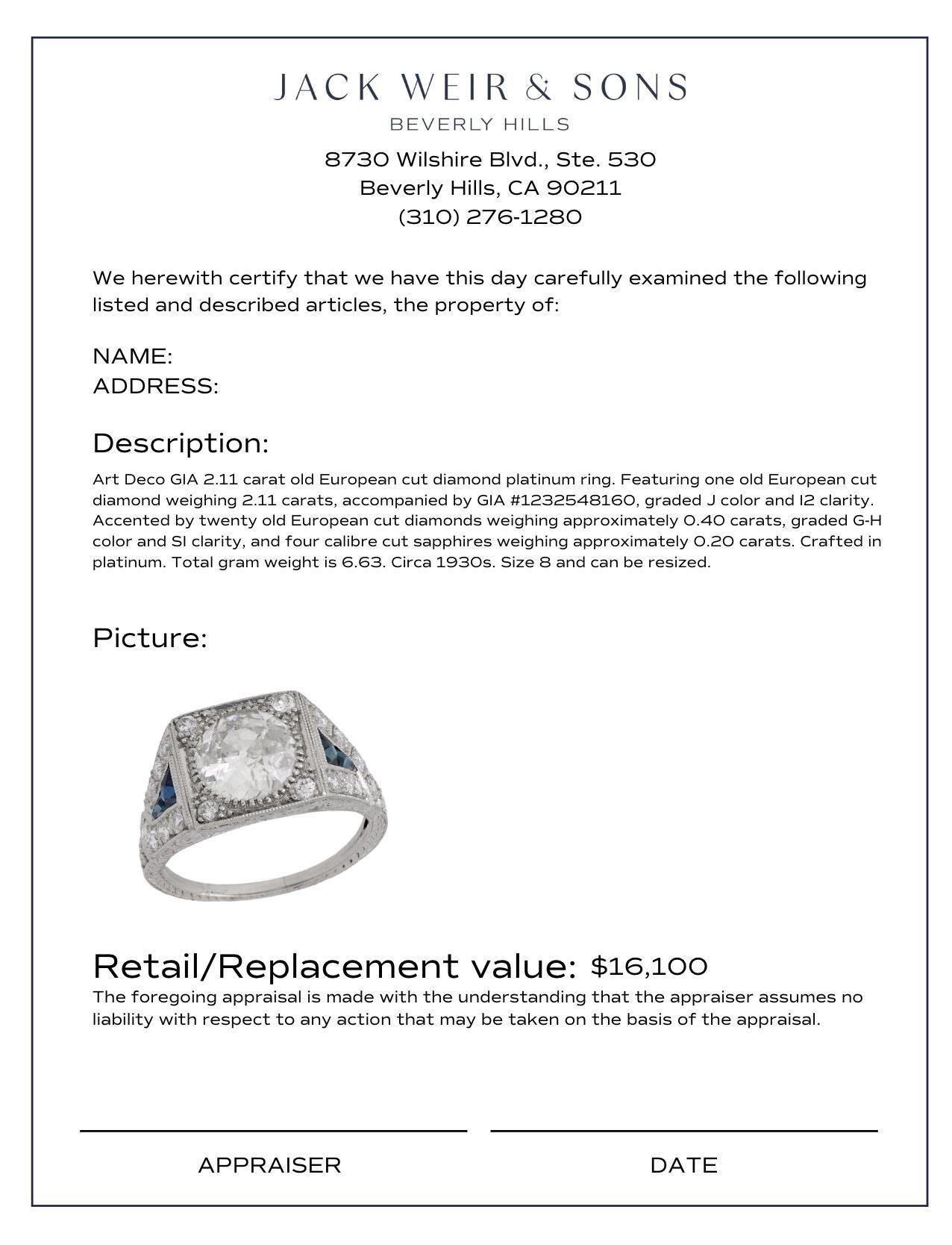 Art Deco GIA 2.11 Karat Diamant Saphir Platin Verlobungsring Damen im Angebot