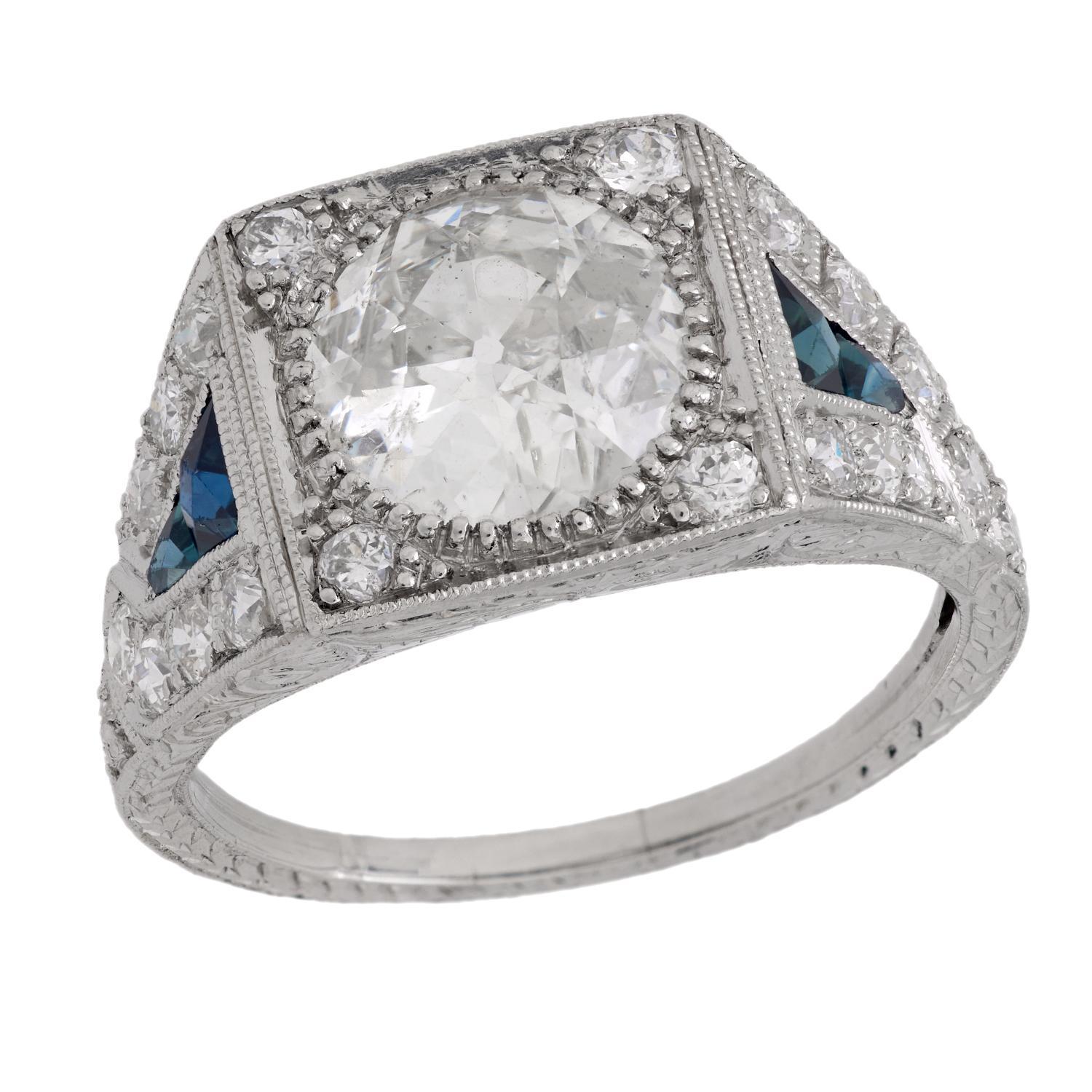 Art Deco GIA Anillo de compromiso de platino con zafiro y diamante de 2.11 quilates