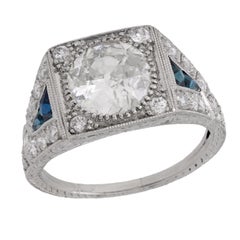 Art Deco GIA Anillo de compromiso de platino con zafiro y diamante de 2.11 quilates
