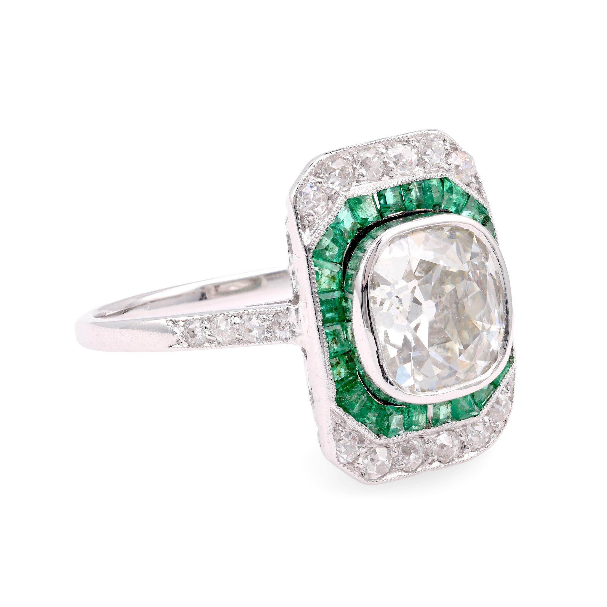 Brilliant Cut Art Deco GIA 2.11 Carat Old Mine Cut Diamond Emerald Platinum Engagement Ring