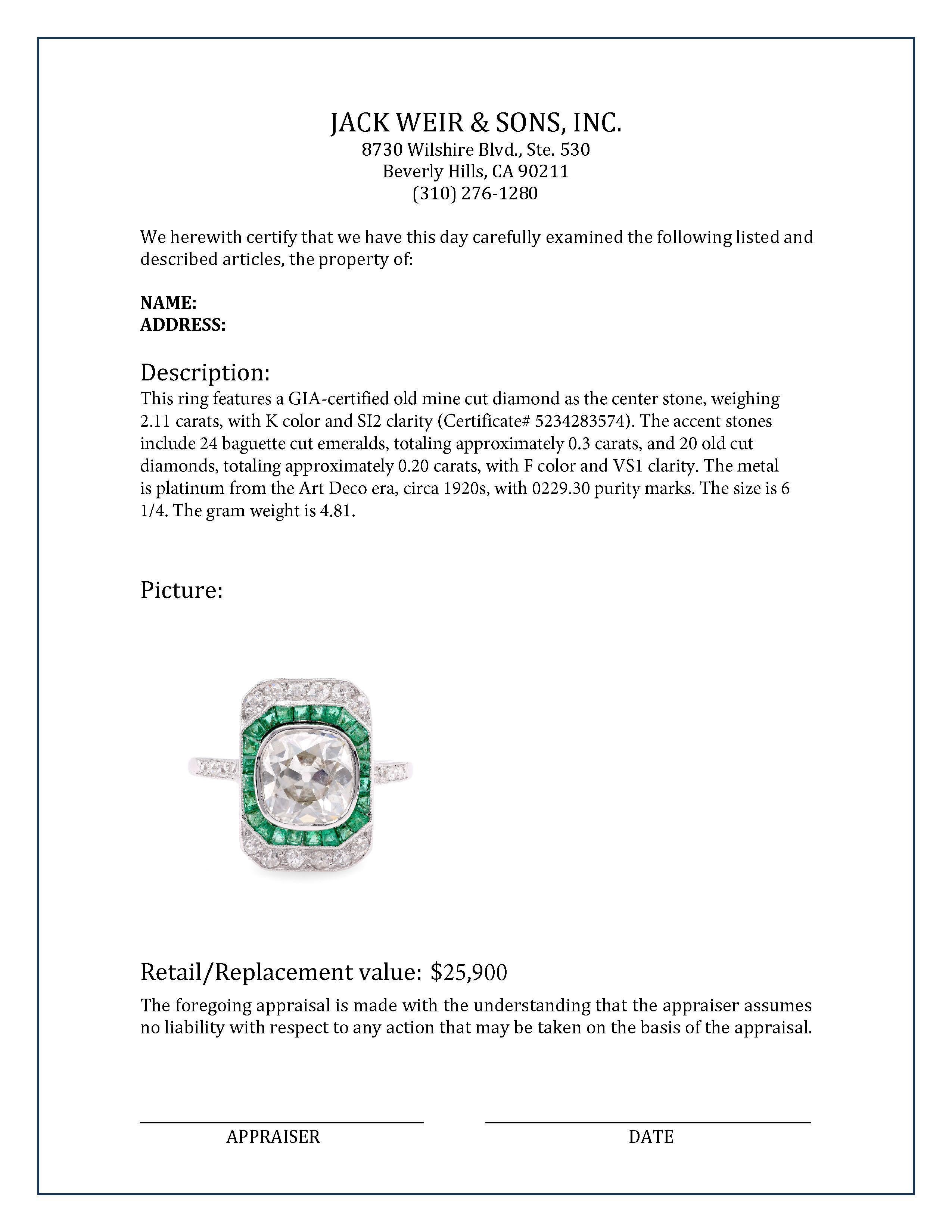 Women's or Men's Art Deco GIA 2.11 Carat Old Mine Cut Diamond Emerald Platinum Engagement Ring