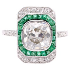 Art Deco GIA 2.11 Carat Old Mine Cut Diamond Emerald Platinum Engagement Ring