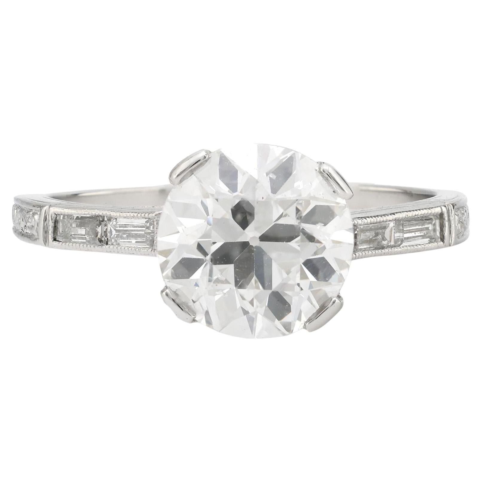 Art Deco GIA 2.12 carat circular brilliant cut diamond platinum engagement ring
