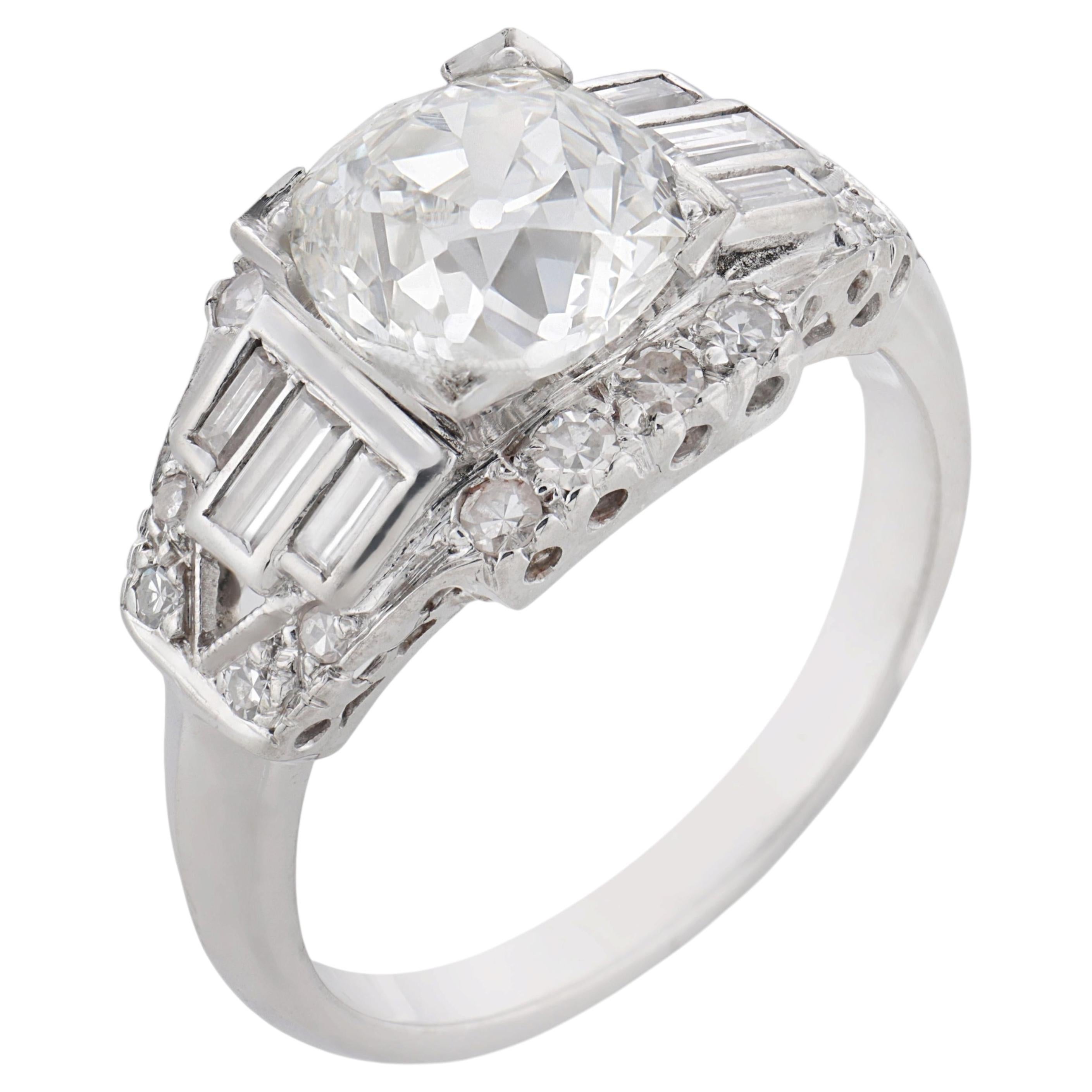 Bague de fiançailles Art déco en or blanc 14 carats, sertie d'un diamant de 2,13 carats de taille « old mine » certifié par le GIA
