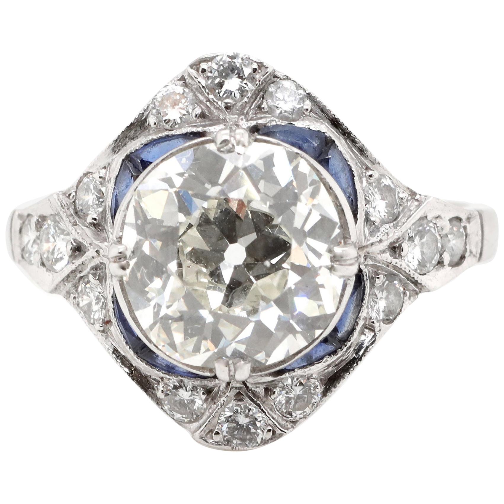 Art Deco GIA 2.15 Carat Antique Cushion Cut Diamond Platinum Ring