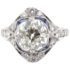 Art Deco GIA 2.15 Carat Antique Cushion Cut Diamond Platinum Ring