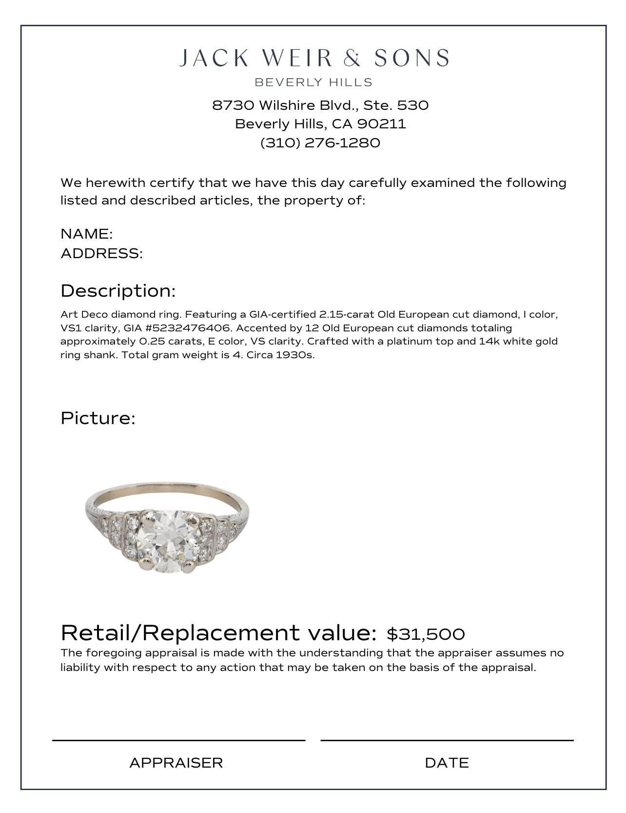 Art Deco GIA 2.15 carat diamond platinum engagement ring For Sale 1