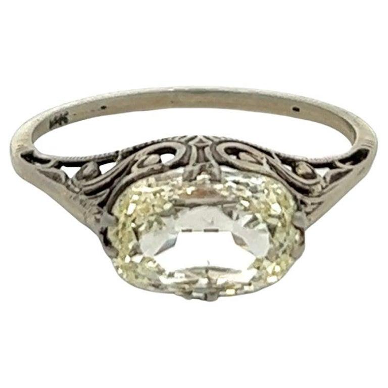 Art Deco GIA 2.15 Carats Cushion Cut Diamond 14k White Gold Filigree Ring 1