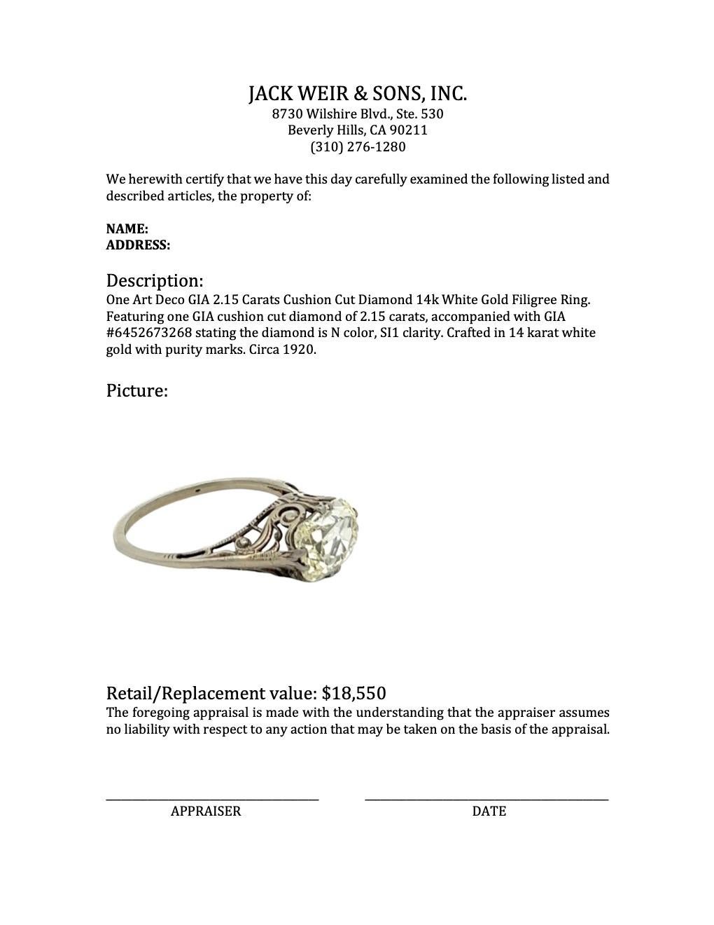 Art Deco GIA 2.15 Carats Cushion Cut Diamond 14k White Gold Filigree Ring 4
