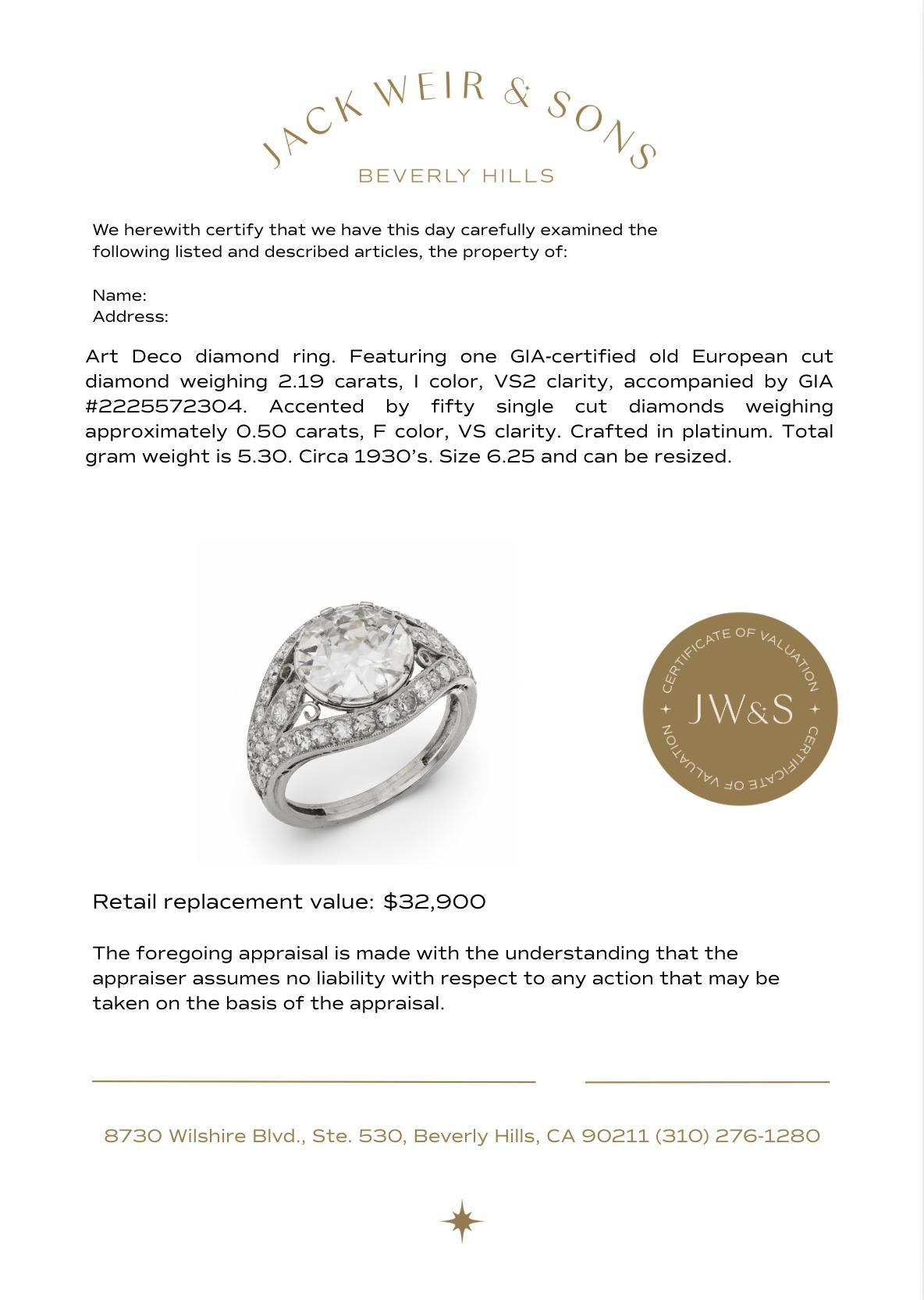 Bague de fiançailles en platine Art déco GIA 2,19 carats diamant taille ancienne européenne en vente 3