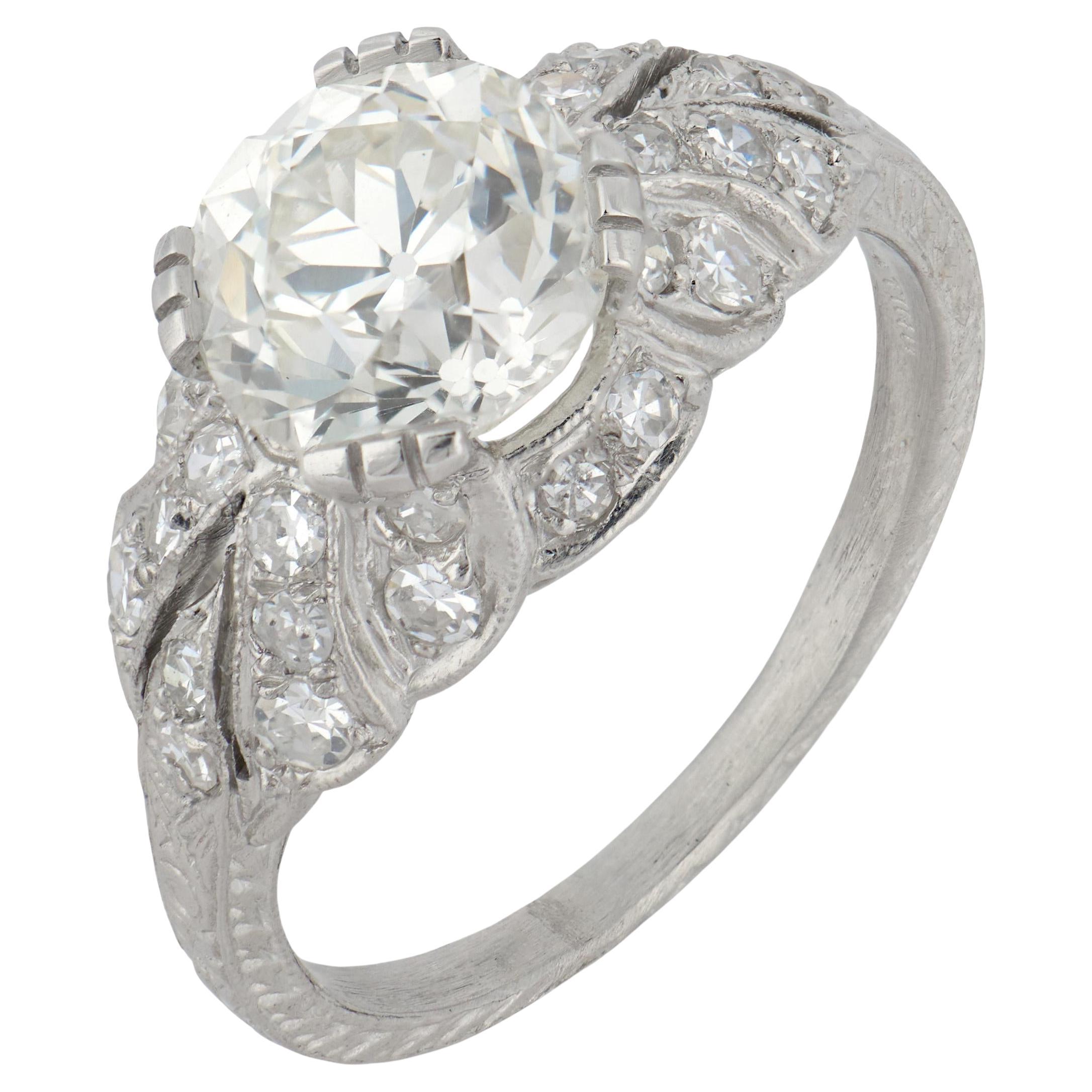 Platin-Verlobungsring, Art déco, GIA 2.19 Karat Diamant im alteuropäischen Schliff, Platin