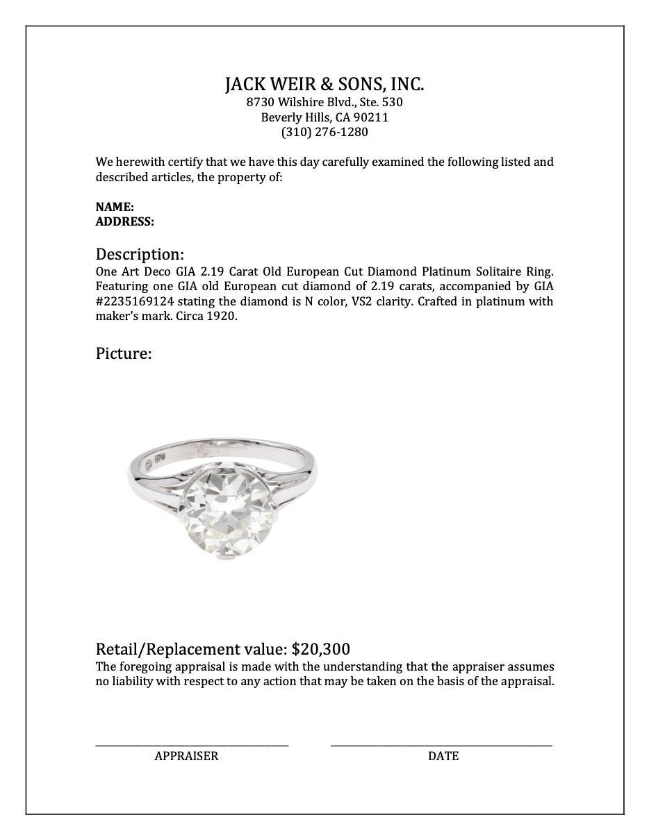 Art Deco GIA 2.19 Carat Old European Cut Diamond Platinum Solitaire Ring For Sale 3