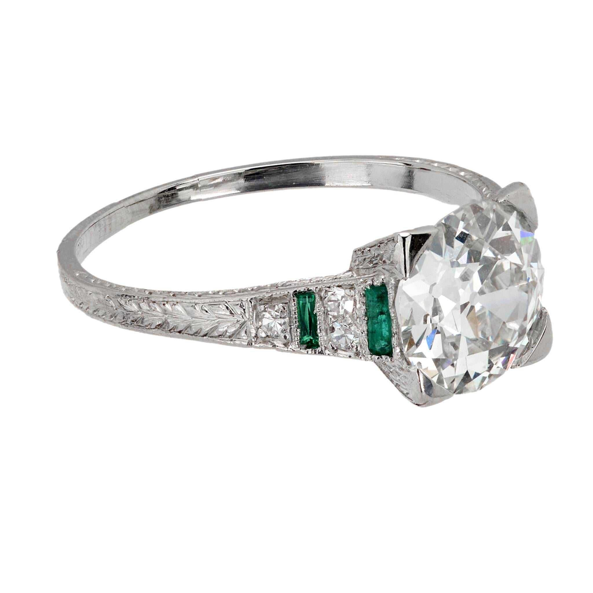 Art Deco GIA 2.23 carat diamond emerald platinum engagement ring In Excellent Condition In Beverly Hills, CA
