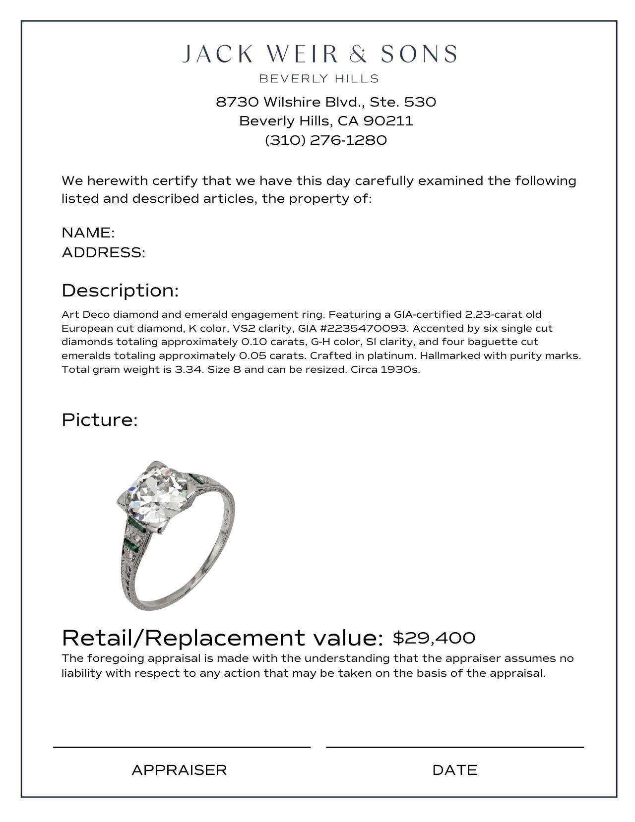 Art Deco GIA 2.23 carat diamond emerald platinum engagement ring 1