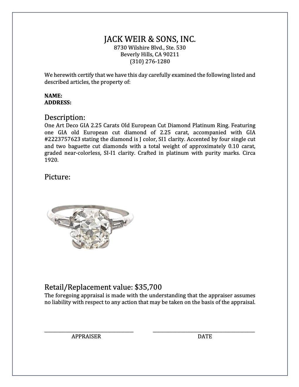 Art Deco GIA 2.25 Carats Old European Cut Diamond Platinum Ring 4