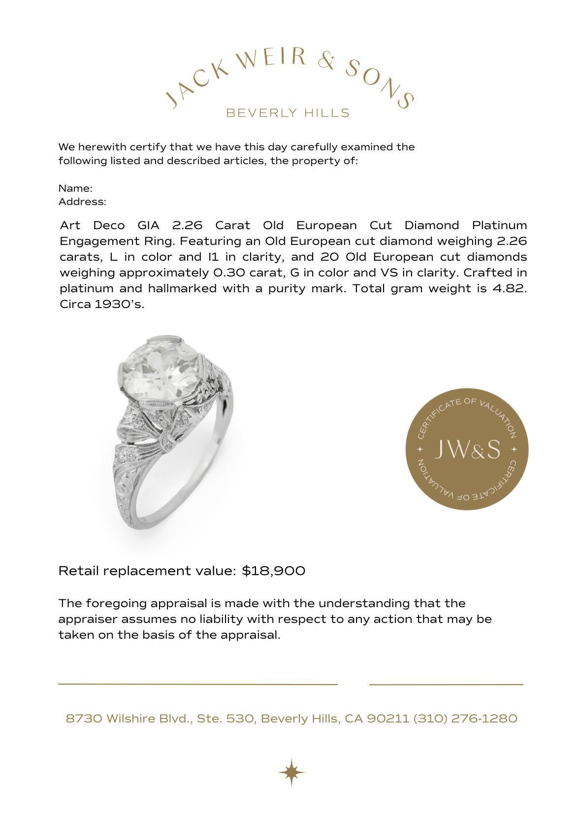 Platin-Verlobungsring, Art déco, GIA 2.26 Karat Diamant im alteuropäischen Schliff, Platin im Angebot 4