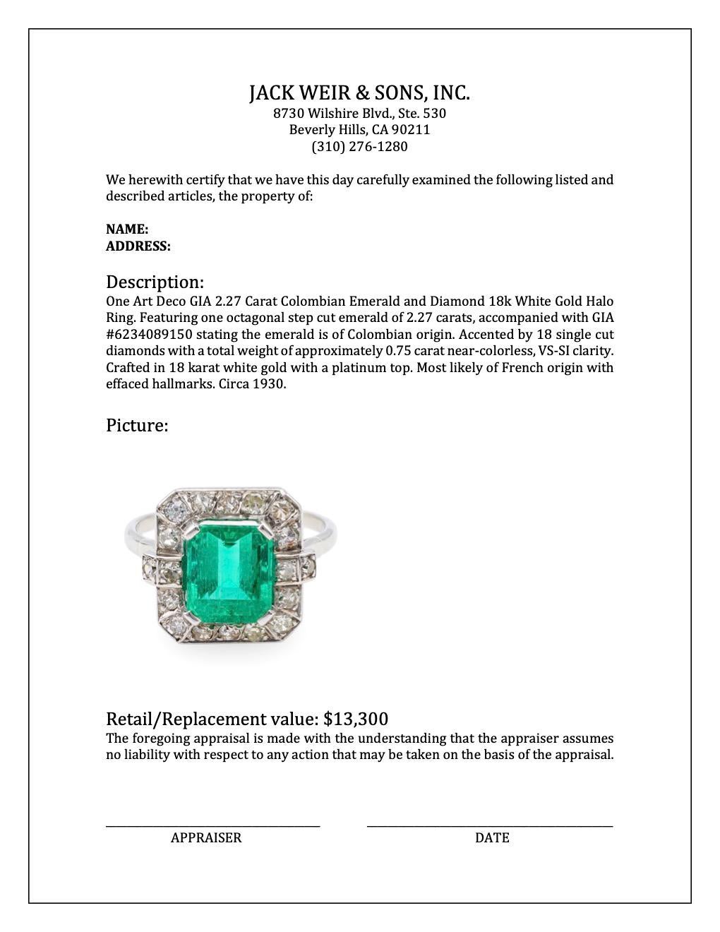 Art Deco GIA 2.27 Carat Colombian Emerald and Diamond 18k White Gold Halo Ring For Sale 3