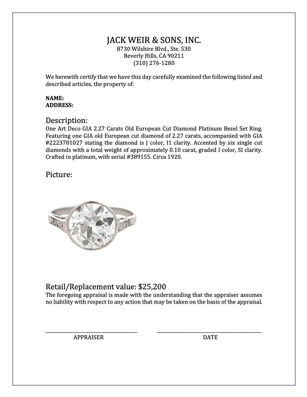 Art Deco GIA 2.27 Carats Old European Cut Diamond Platinum Bezel Set Ring 4