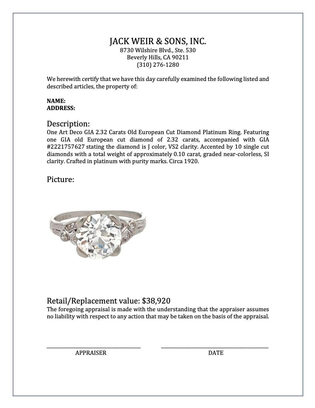 Art Deco GIA 2.32 Carats Old European Cut Diamond Platinum Ring 3