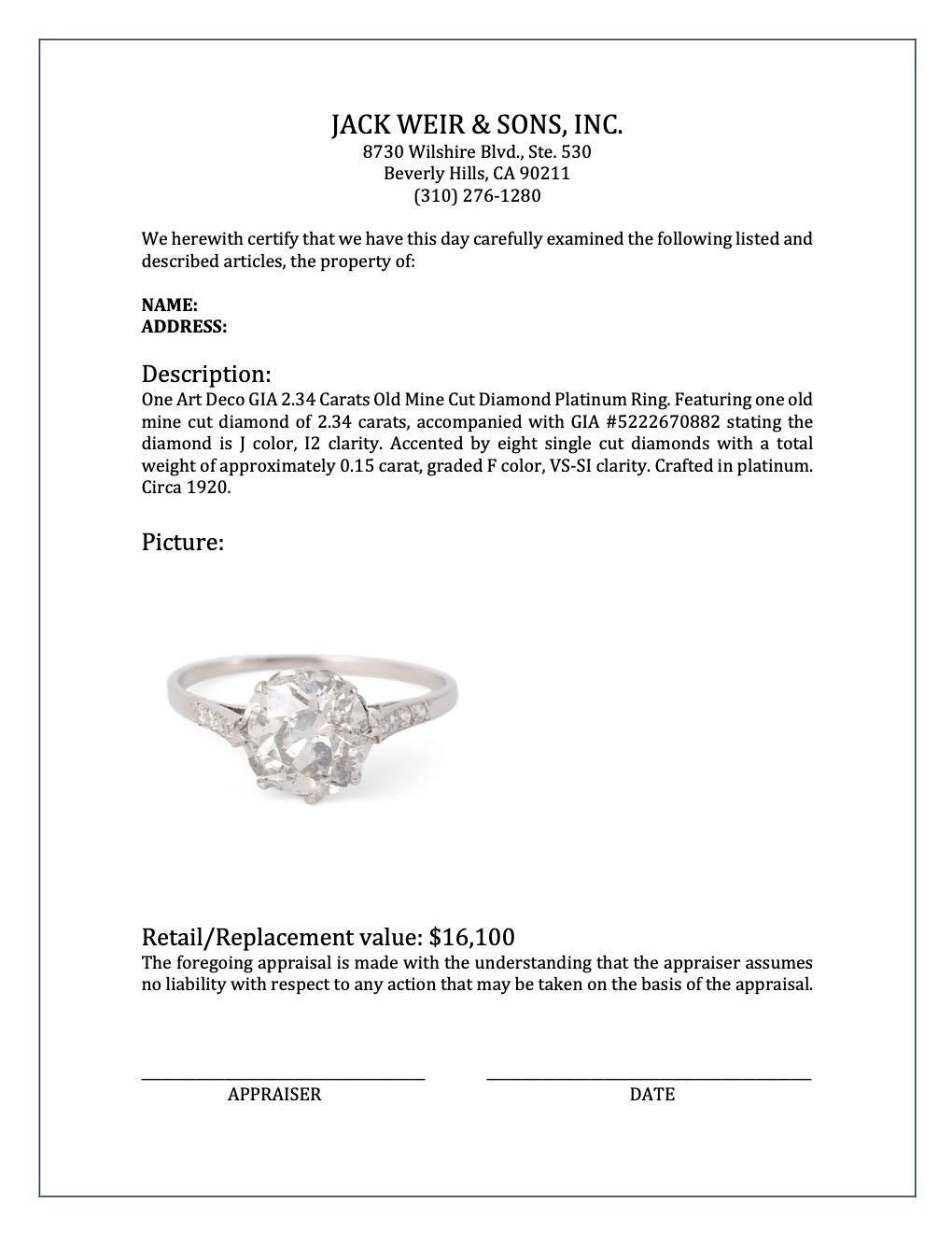 Art Deco GIA 2.34 Carats Old Mine Cut Diamond Platinum Ring 4
