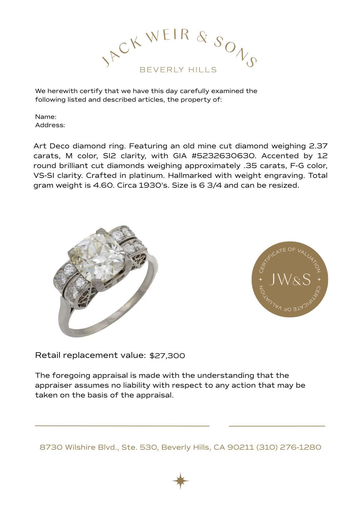 Anello di fidanzamento in platino con diamante Art Deco GIA da 2.37 carati in vendita 1