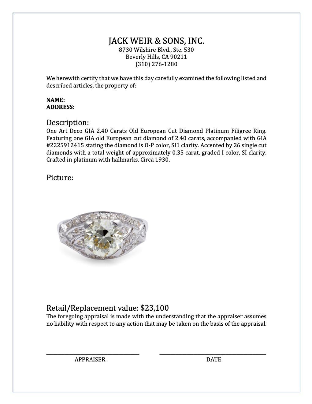 Art Deco GIA 2.40 Carats Old European Cut Diamond Platinum Filigree Ring 4