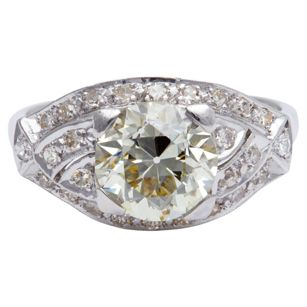 Art Deco GIA 2.40 Carats Old European Cut Diamond Platinum Filigree Ring