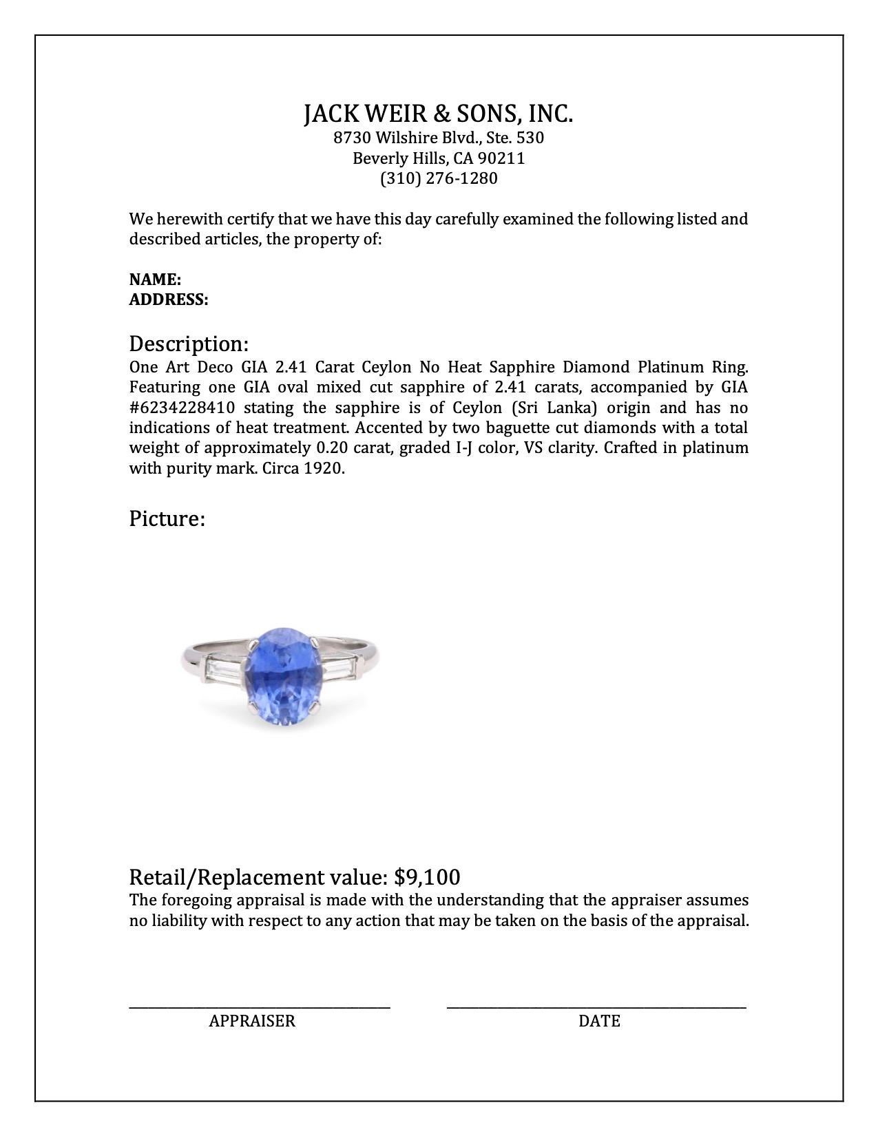 Art Deco GIA 2.41 Carat Ceylon No Heat Sapphire Diamond Platinum Ring For Sale 1