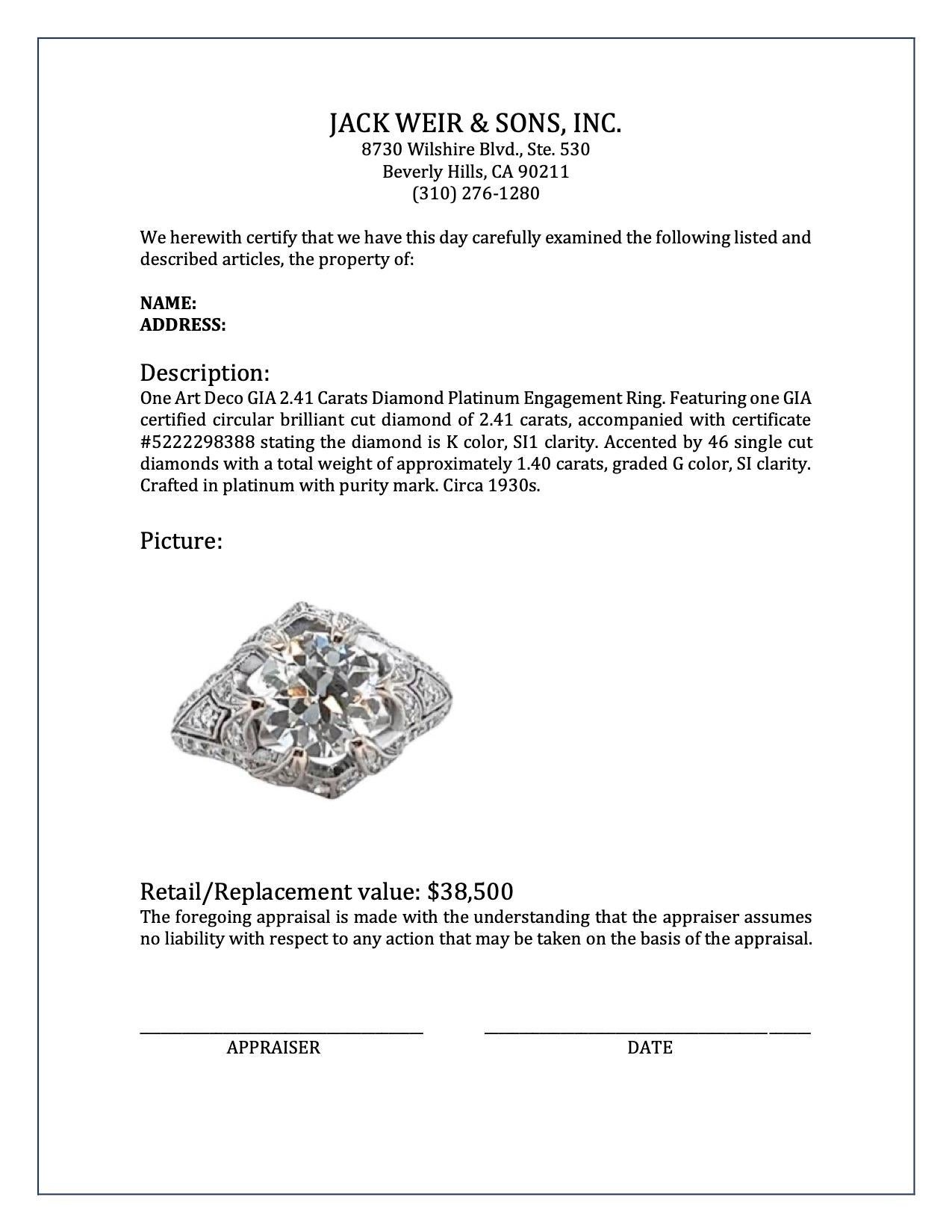 Art Deco GIA 2.41 Carats Diamond Platinum Engagement Ring 3