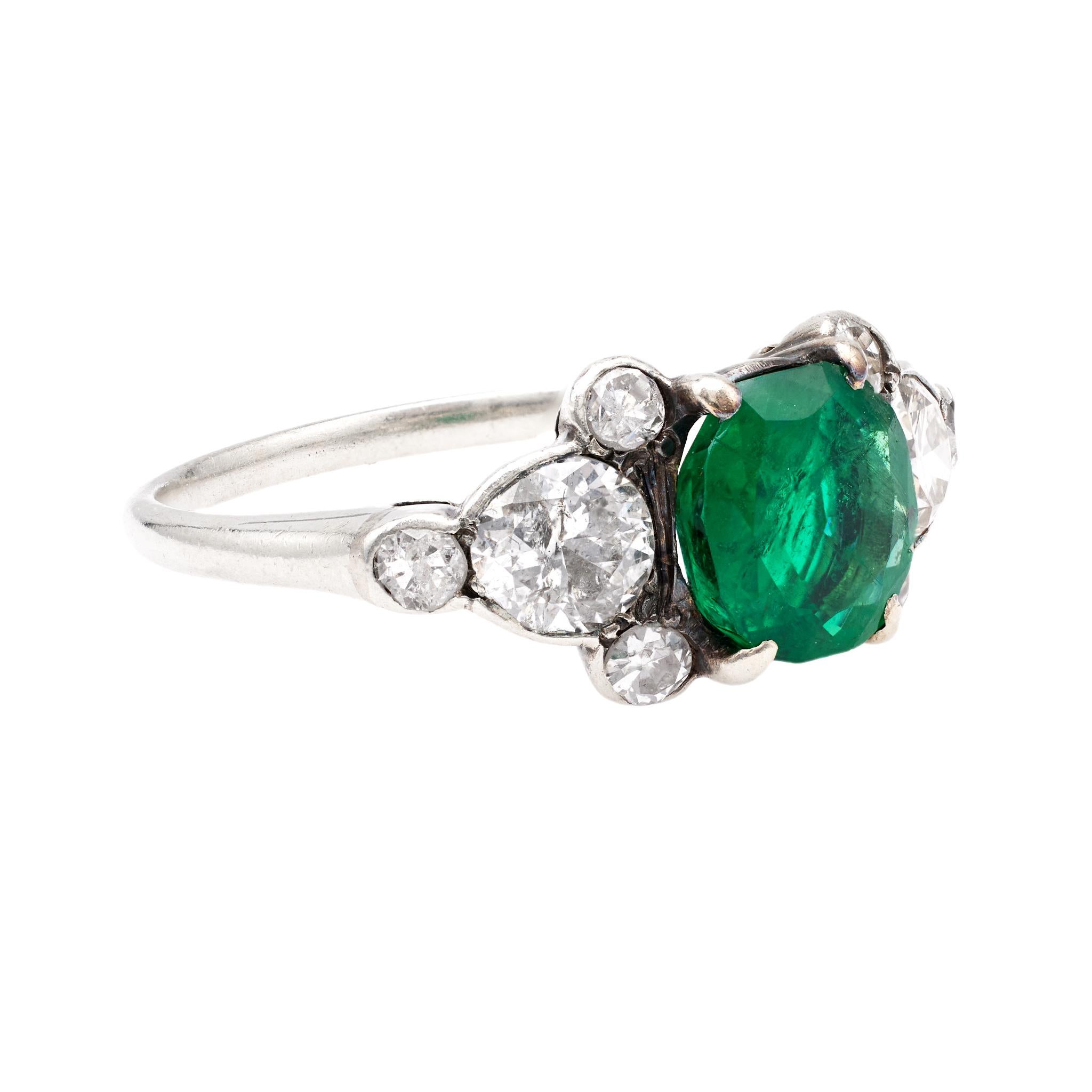 Women's or Men's Art Deco GIA 2.42 Carat Brazilian Emerald and Diamond Silver Ring For Sale