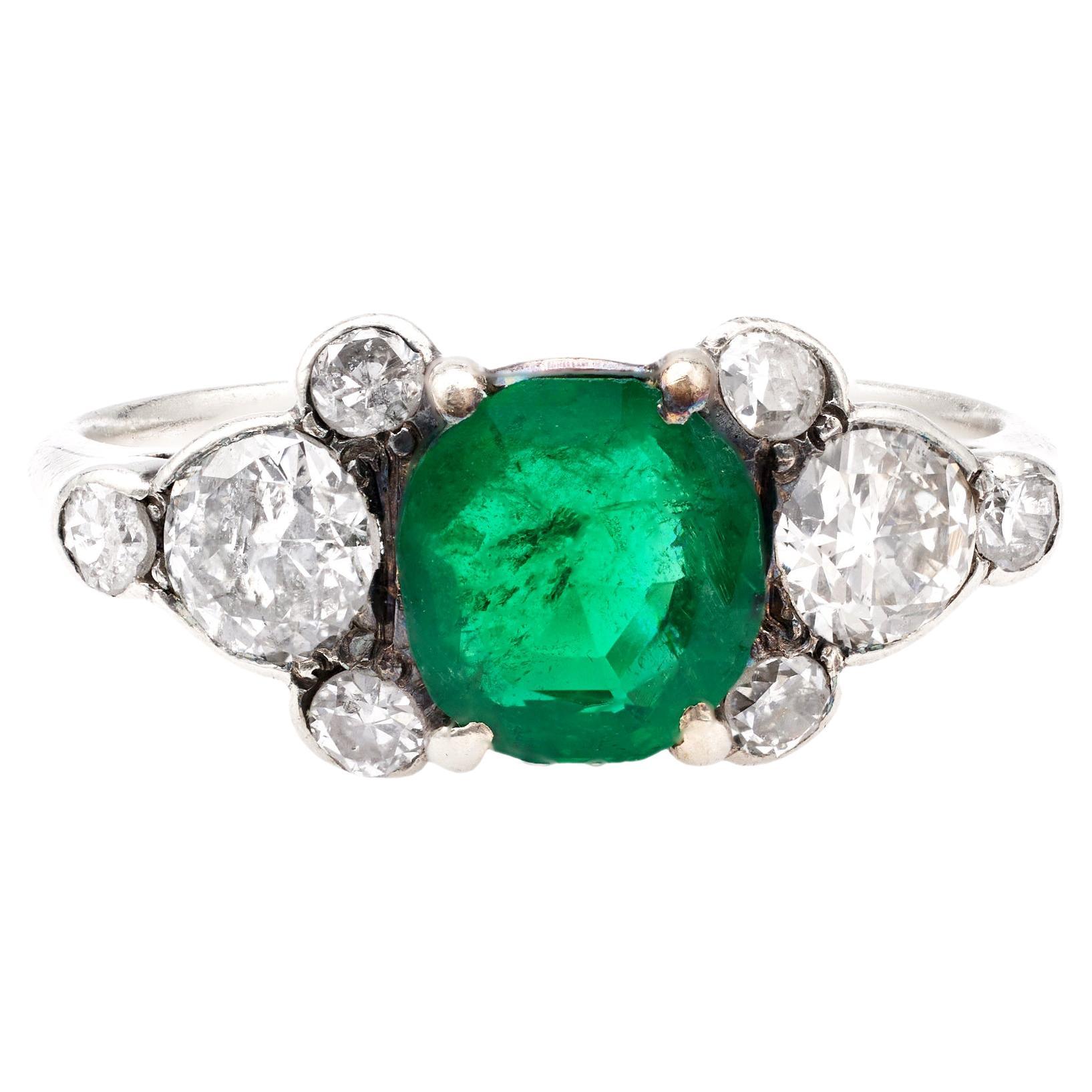 Art Deco GIA 2.42 Carat Brazilian Emerald and Diamond Silver Ring For Sale