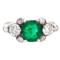 Vintage Art Deco GIA 2.42 Carat Brazilian Emerald and Diamond Silver Ring