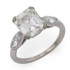 Art Deco GIA 2.42 carat emerald cut diamond platinum 3 stone engagement ring